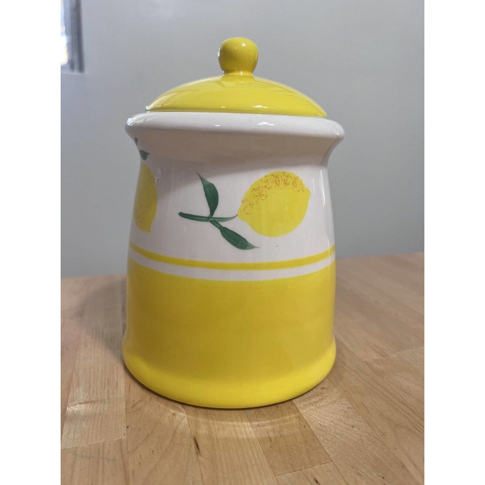 Terramoto Ceramic Canister Lemons White Air Tight 7.5" Tall 5" Base